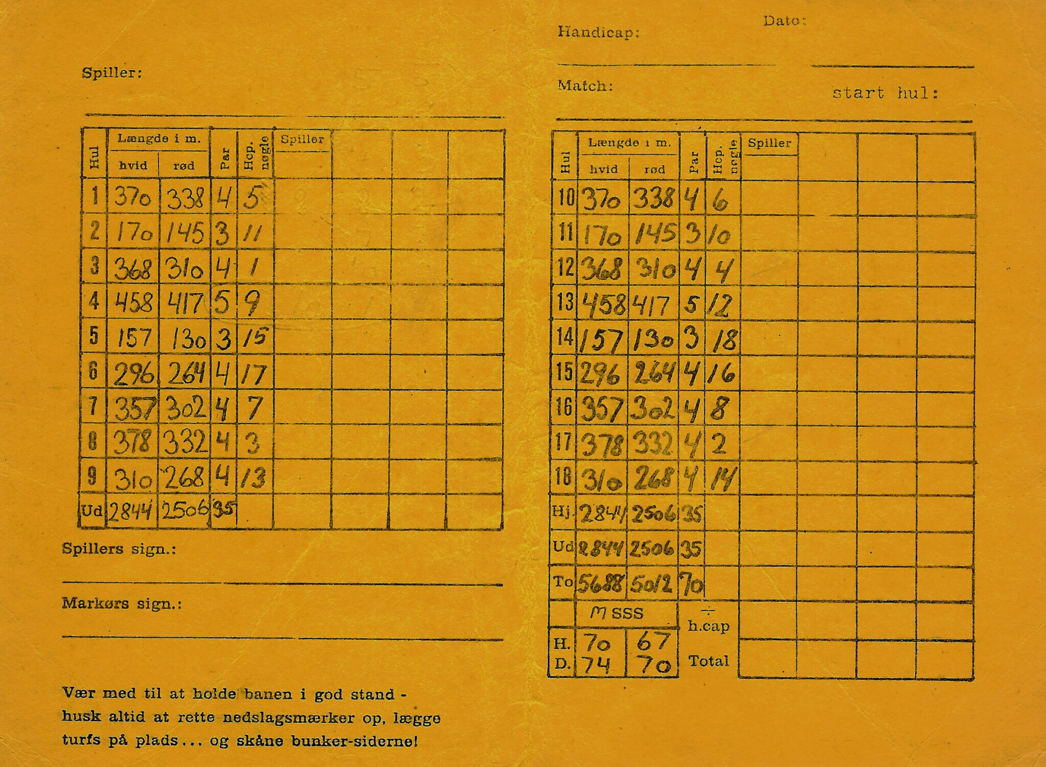 1978 Scorekort Længder Og Nøgler Mørk Roskilde Golf Klub 